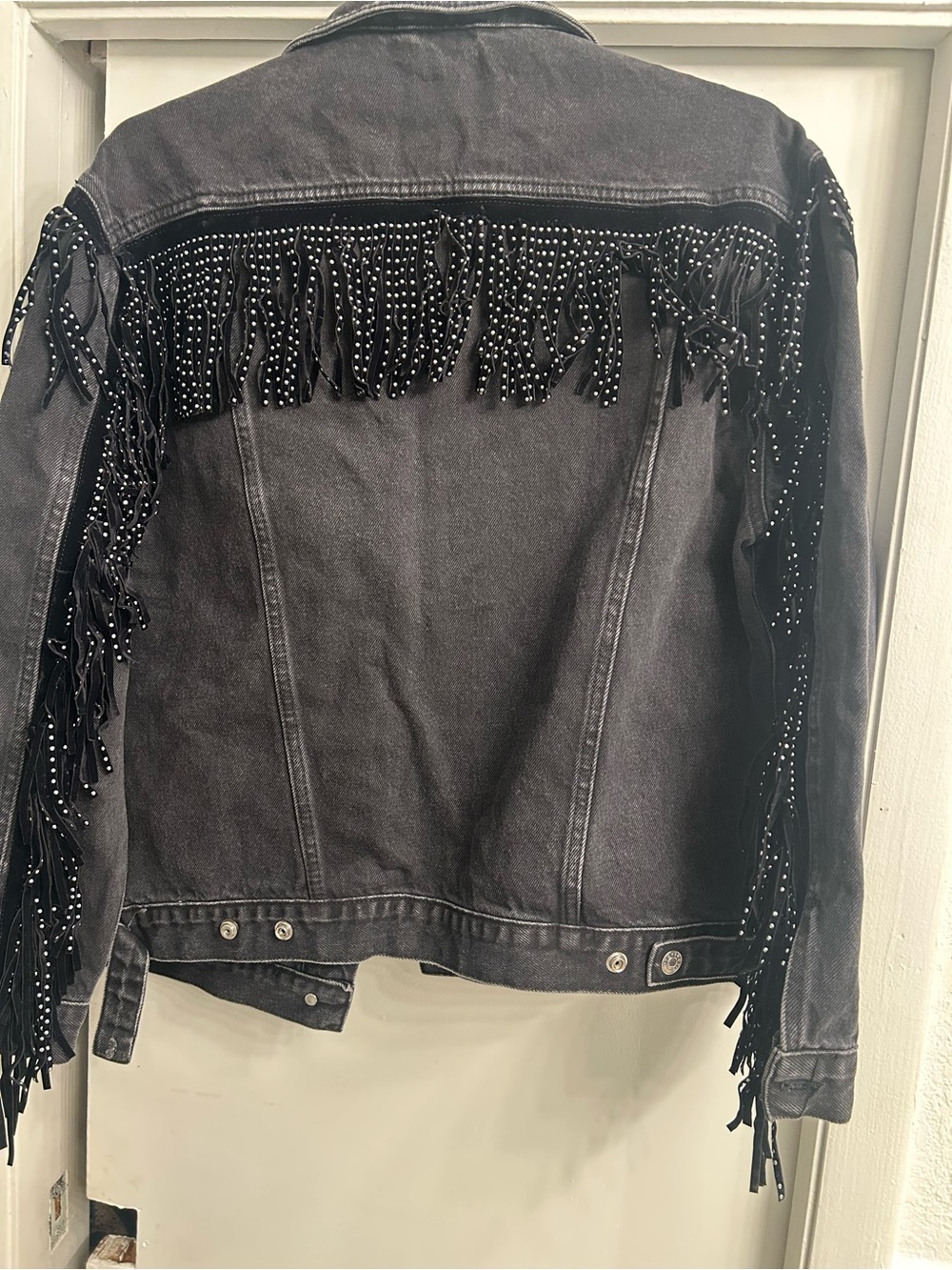 Topshop Black Studded Fringe Denim Jacket